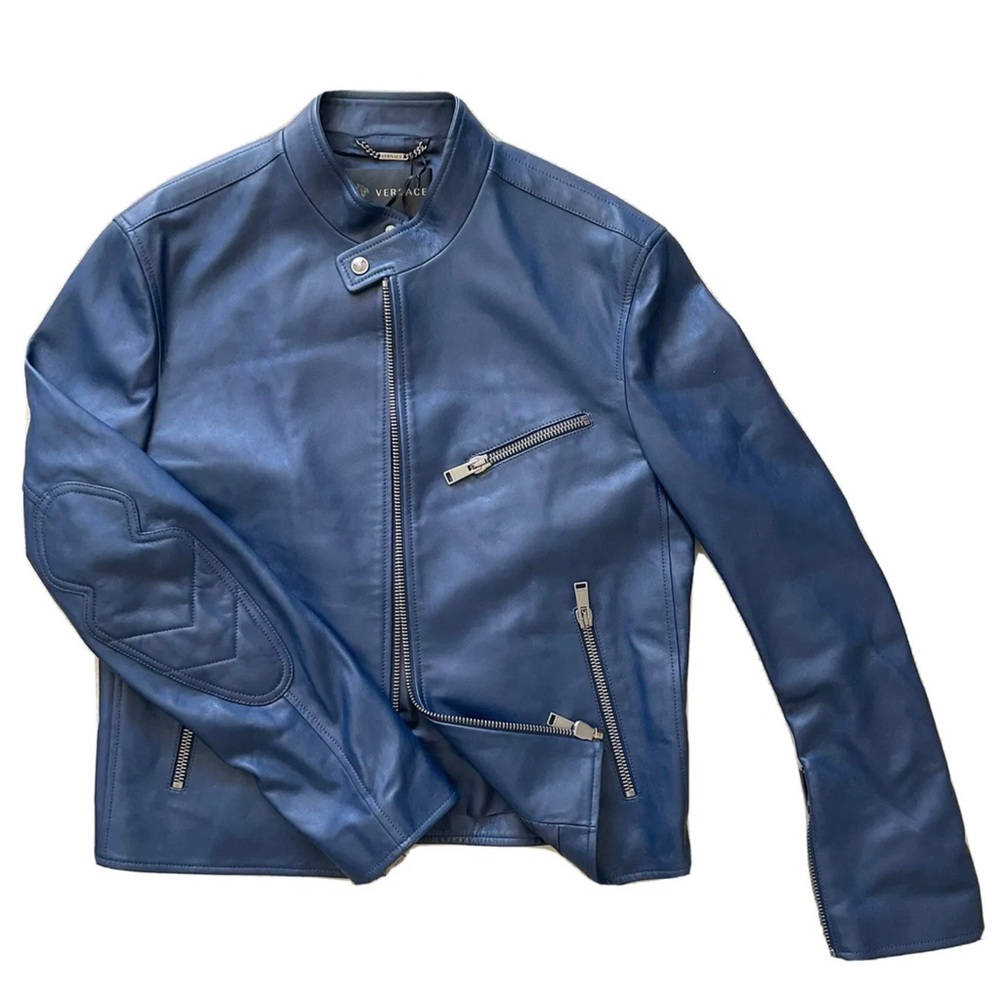 NEW Versace men's twilight blue leather biker jacket size EU 52 US XL
